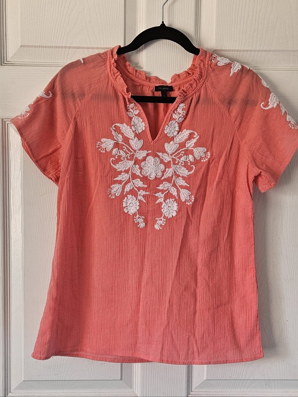 Talbots Floral Embroidered 100% Cotton Gauze Blouse Boho Peasant Cottagecore S